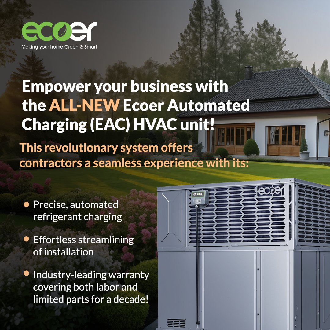 Empower your business with the ALL-NEW Ecoer Automated Charging (EAC) HVAC unit!   This revolutionary system offers contractors a seamless experience with its:

#EAC #EcoerHVAC #AutomatedCharging #HVACcontractor #SeamlessExperience #PreciseCharging  #DecadeOfPeaceOfMind