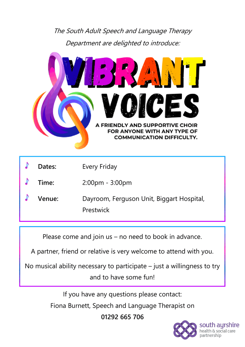Vibrant Voices

Join our Speech and Language Therapist for a friendly and supportive choir for anyone with any type of communication difficulties. 💜

No need to book and no musical ability necessary, just come along for some fun! 🎶

📅 Every Friday 2pm - 3pm
🗺️ Biggart Hospital
