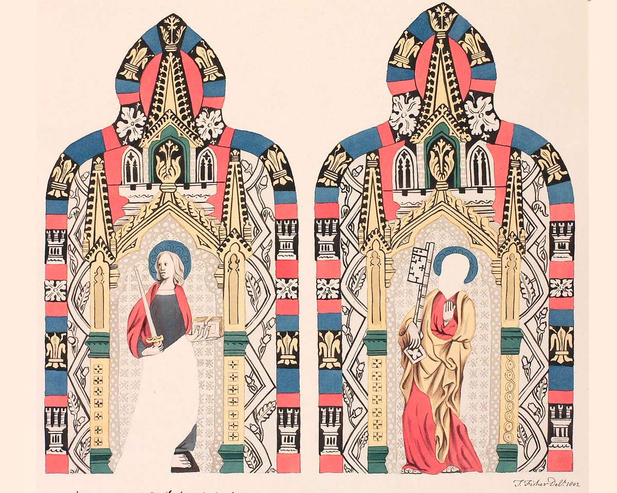 This drawing from 1802 shows two stained glass windows depicting St Peter & St Paul, from the south east window of the South Chapel adjoining to Hildersham Church. It was done by Thomas Fisher & is one of a number of his drawings we have of his showing decorative church elements.