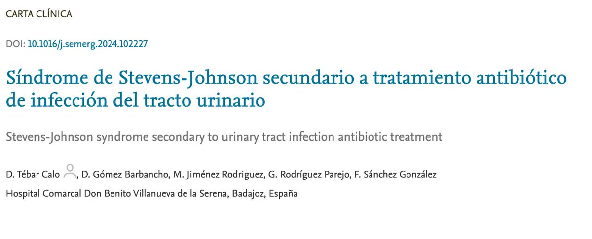 #RevistaSEMERGEN 📙Síndrome de Stevens-Johnson secundario a tratamiento antibiótico de infección del tracto urinario. D. Tébar Calo et al.
i.mtr.cool/jjnsrrdoox
#SíndromeStevensJohnson