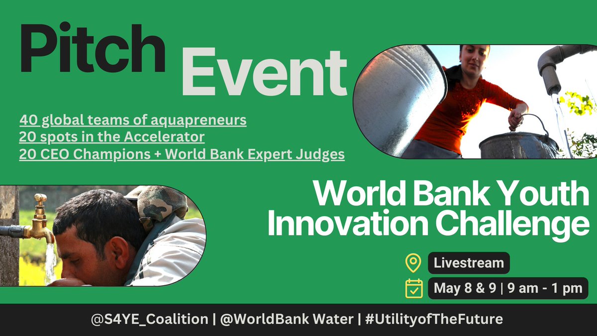 World Bank Water (@worldbankwater) on Twitter photo From +300 teams, the top 40 youth #aquapreneurs will pitch their ideas <a href="/WorldBank/">World Bank</a> Youth Innovation Challenge on 📅 May 8 & 9. Who will win a spot in our prestigious Accelerator Program? Join us to find out: wrld.bg/jSut50Rwisz #Youthinnovation #UtilityOfTheFuture #S4YE From +300 teams, the top 40 youth #aquapreneurs will pitch their ideas <a href="/WorldBank/">World Bank</a> Youth Innovation Challenge on 📅 May 8 & 9. Who will win a spot in our prestigious Accelerator Program? Join us to find out: wrld.bg/jSut50Rwisz #Youthinnovation #UtilityOfTheFuture #S4YE