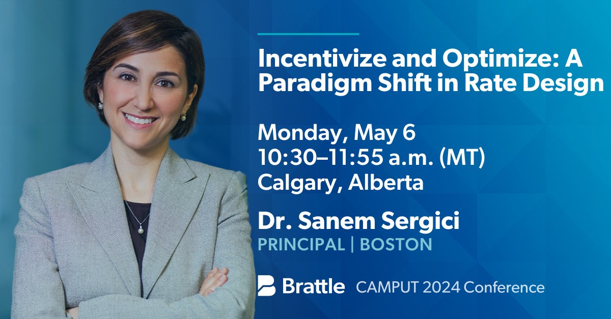 Brattle Principal Dr. Sanem Sergici will join a panel to discuss new approaches to #ratedesign today at the CAMPUT 2024 Conference in Calgary. bit.ly/3wydIDv #EnergyTwitter #ratemaking