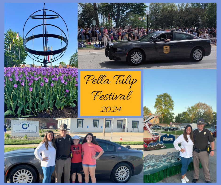 Trooper Flaherty enjoyed the weekend with his family at Pella's Tulip Time Festival, an annual celebration of Dutch heritage featuring windmills, tulips, and excitement for all visitors!