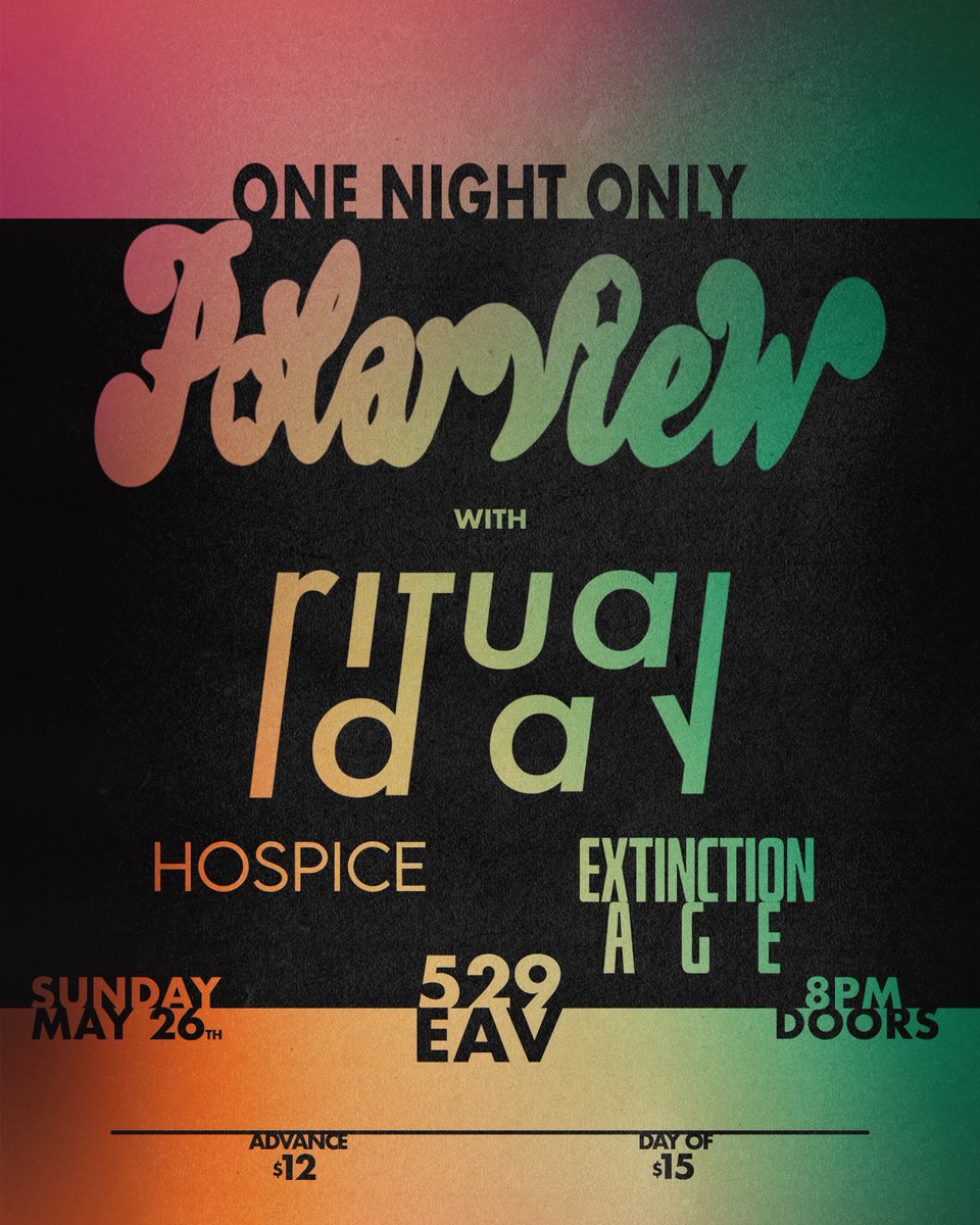 NEW ONE :: Polarview plays 529 May 26 with Ritual Day, Extinction Age, and Hospice. Tickets on sale now: bigtickets.com/e/529/polarvie… @529_EAV