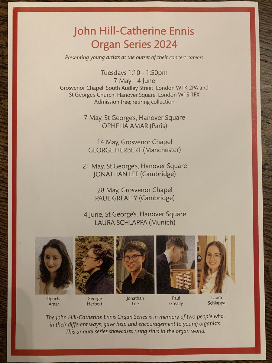 Mayfair Organ Concerts (@mayfair_organ) on Twitter photo The annual John Hill-Catherine Ennis series begins tomorrow.
Ophelia Amar (Paris) begins with a recital at <a href="/mayfairparish/">St George's Church, Hanover Square</a> Tuesday 7 May at 1:10pm.
All welcome! Free entry with retiring collection The annual John Hill-Catherine Ennis series begins tomorrow.
Ophelia Amar (Paris) begins with a recital at <a href="/mayfairparish/">St George's Church, Hanover Square</a> Tuesday 7 May at 1:10pm.
All welcome! Free entry with retiring collection
