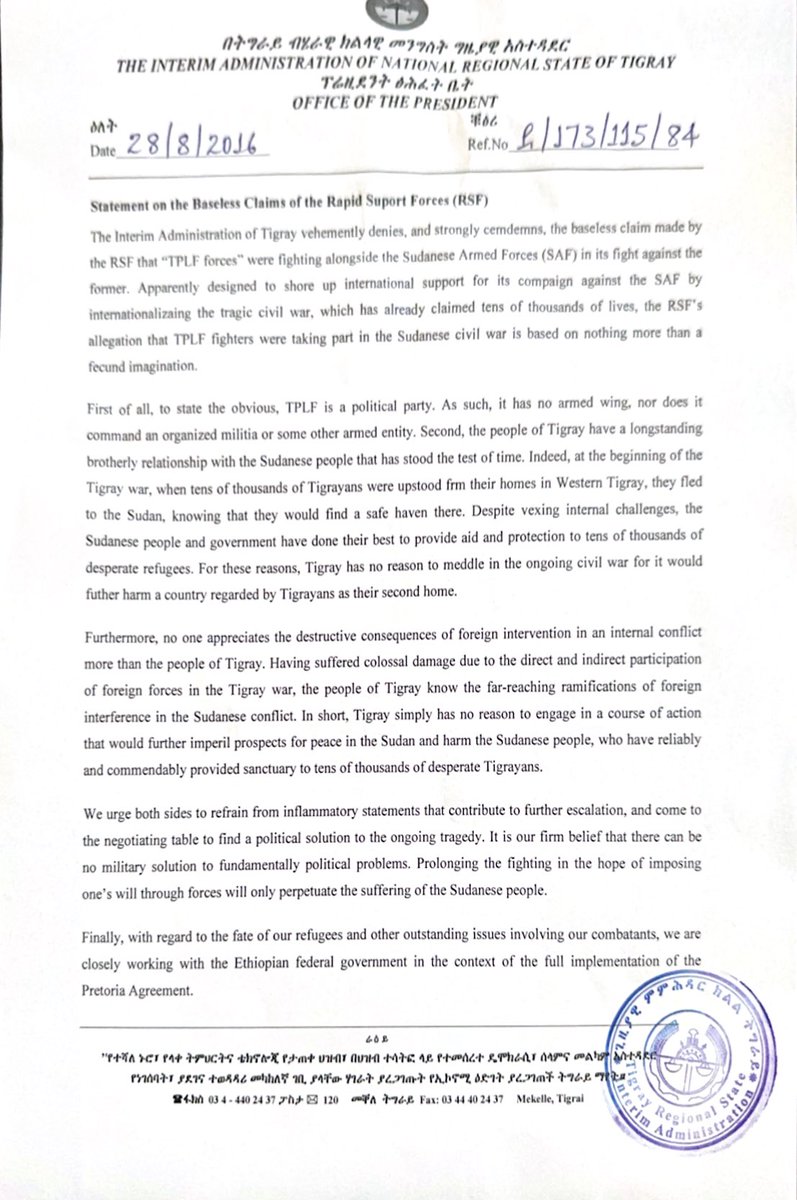 IRA statement on RSF’s baseless allegations of Tigray involvement in the Sudanese conflict: