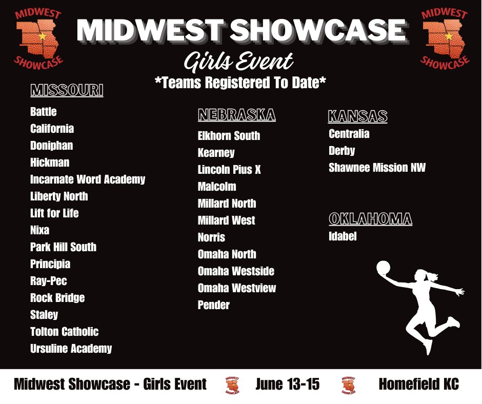 Here is an updated list of teams *registered to date* for the 2024 Girls Midwest Showcase Event! 🏀 Great basketball to come at Homefield KC on June 13-15th! @MSHSAAOrg @nsaahome @NebraskaCoach @KSHSAA @KBCA_Tweets @OSSAAOnline @OBCA_ @WBCA1981 @homefieldkc
