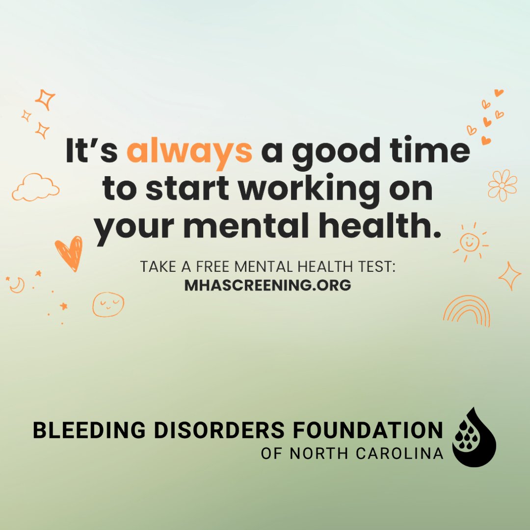 If you think you or someone you know may be suffering from a mental health condition,  Mental Health America has screening tools to help: screening.mhanational.org/screening-tool…
#MentalHealthAwareness #BreaktheStigma #MentalHealthMatters #BleedingDisorders #EquitableAccess