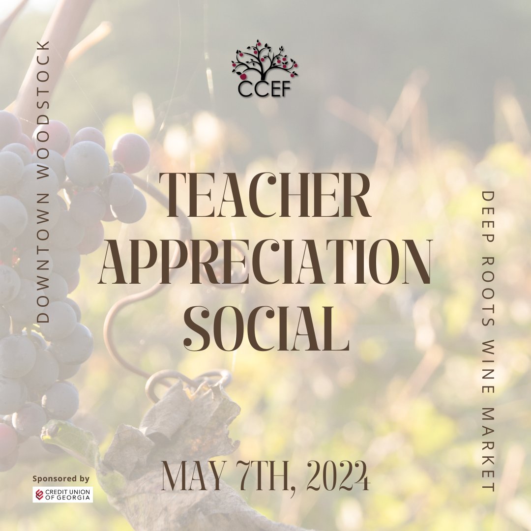 Reminder! CCEF's Teacher Appreciation Social is just around the corner. 

📅 May 7th 
📍 Deep Roots Wine Market
     400 Chambers St. Woodstock, GA 

⏰ 4-8pm

…erokeecountyeducationalfoundation.org/events/ccef-ev…

#CCEF #TeacherAppreciation #ThankATeacher #Cherokeecountyeducationalfoundation #CherokeeCounty