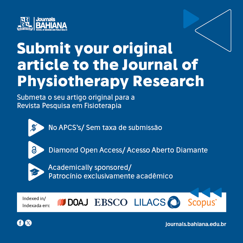 CALL FOR PAPERS! 📢
Submit your article to the Journal of Physiotherapy Research (JPR), which aims to ensure transparency and quality of information, strengthen the policy of Open Science and is indexed in EBSCO, LILACS, DOAJ and SCOPUS.

Click here >> bit.ly/RPFSubmit