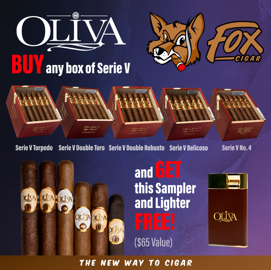 Don't miss out on this exclusive deal! Purchase any box of Serie V and receive a FREE sampler and lighter worth $65!

Jump On It: r.foxcigar.com/6u3o

#FoxCigar #Oliva #SerieV #CigarDeal #FreeSampler #FreeLighter #CigarPromo #CigarLovers #LimitedTimeOffer