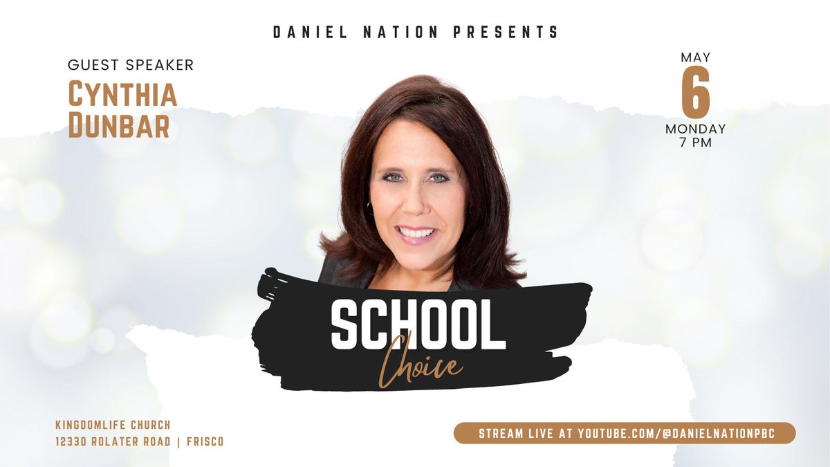 Join us tonight at 7 p.m. for a robust discussion on school choice. 

We're meeting at KingdomLife Frisco, 12330 Rolater Road, Frisco, TX 75035. 

Can't attend in person? LIVESTREAM at loom.ly/yUfqqqE

#schoolchoice #exemption #cynthiadunbar #danielnation #government
