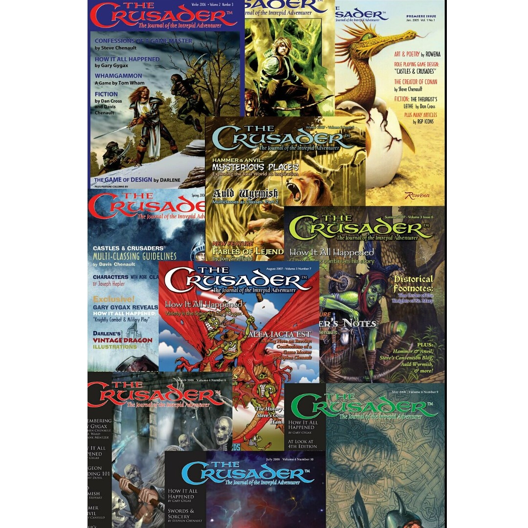 The Crusader Journal had 27 issues and printed from 2005-2013. Now you can have access to all of them! Notable entries include 'How it All Happened' by Gary Gygax, 'Alea Iacta Est' by Stephen Chenault, & 'Game Reviews' by James M. Ward. Check it out: trolllord.com/product/crusad…