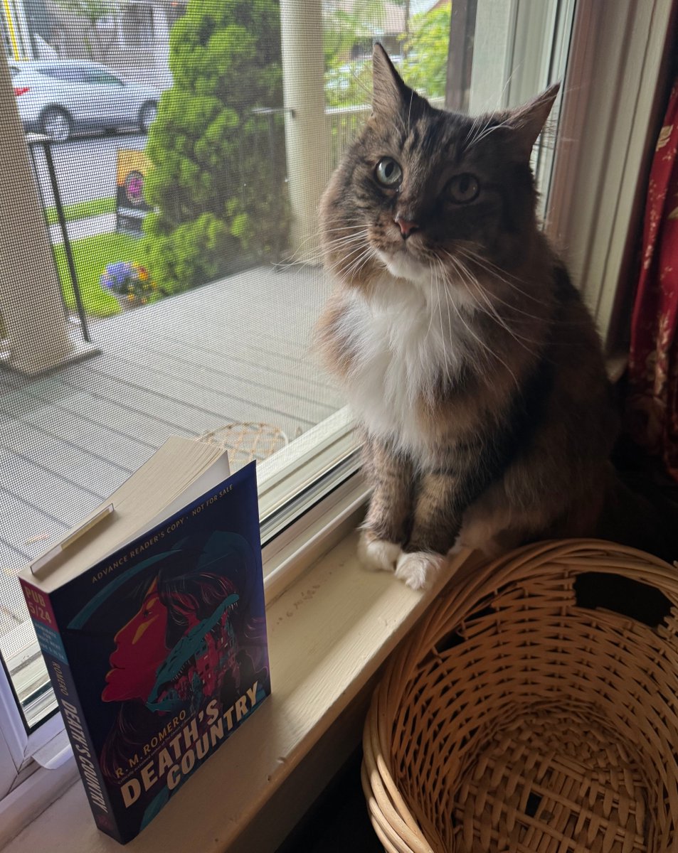 Happy #MeowMonday from Nikola Tesla, who sat so pretty in hopes he can convince yall to pick up a copy of DEATH’S COUNTRY tomorrow! Lakelore meets Hadestown in this neon soaked polyamorous fairy tale! @rmromeroauthor @peachtreeteen