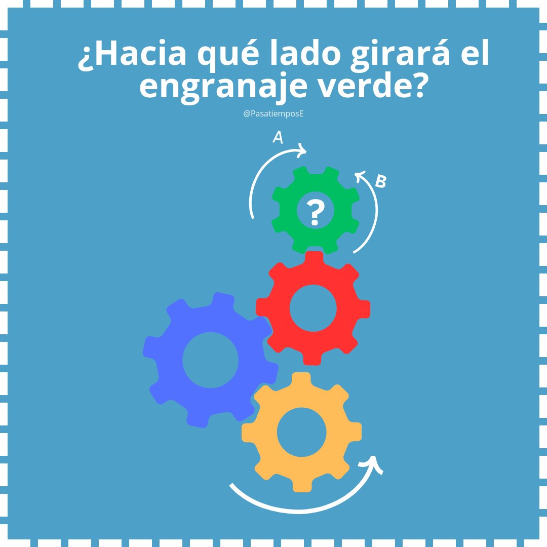 PasatiemposE's tweet photo. Reto visual 👀!
Determina hacia qué lado girará el engranaje ⚙️ verde 🤔.
Si te ha gustado ♥️ comparte el reto 🔄 y deja un mensaje 📩 con la solución!
#engranaje #reto #puzzle #PasatiemposE https://t.co/6HlxLlnCLC