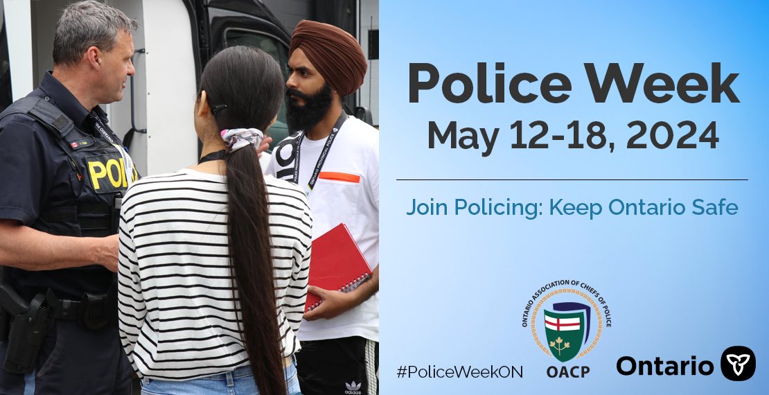 We’re 1 week away from #PoliceWeekON, where we will honour the hard work of #police officers & professionals. Consider joining policing. Make your community & police organizations better. Check out @CertificateOacp for more about a career in law enforcement.