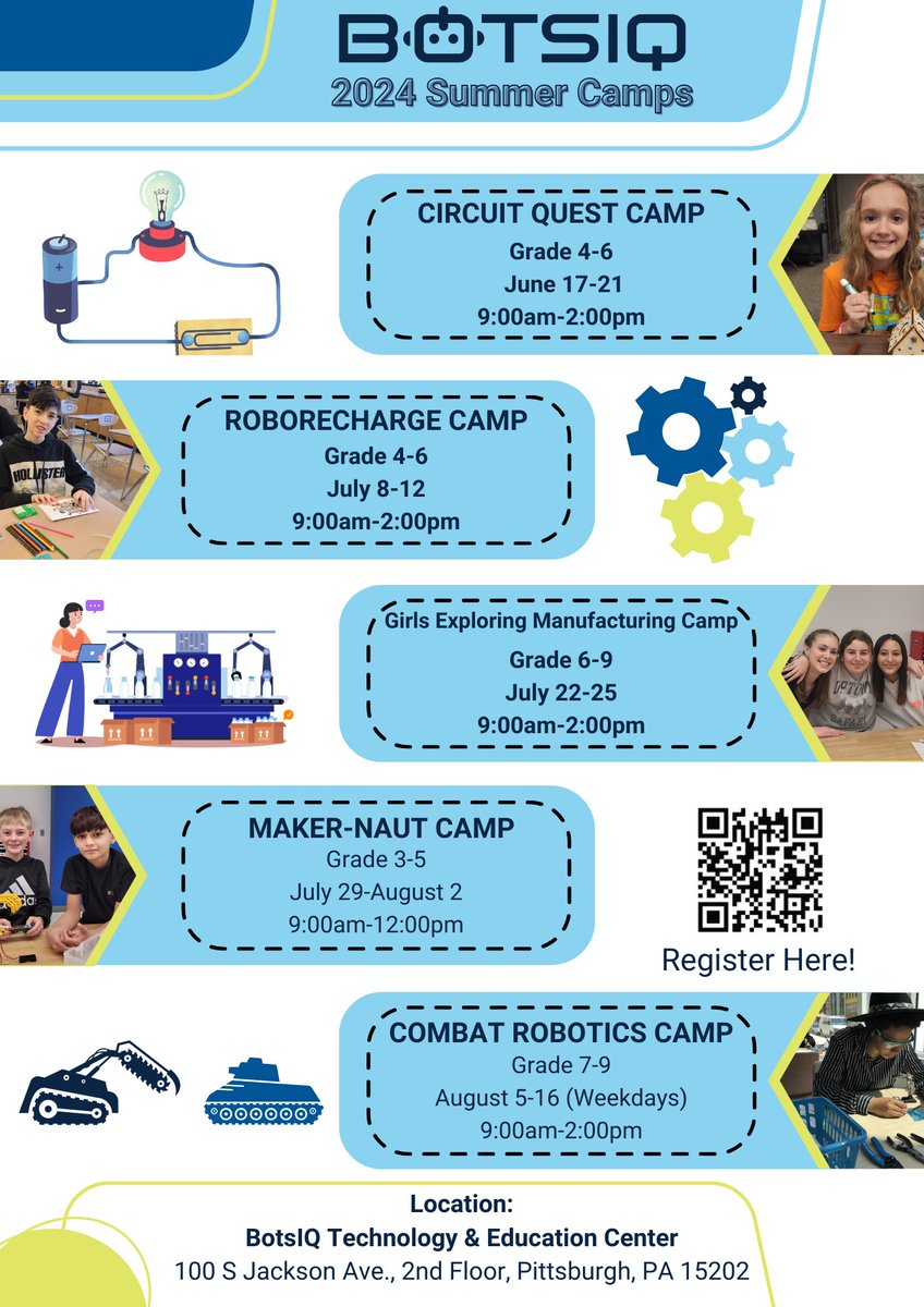 The summer is getting closer, and #BotsIQ is ready to help your students keep learning all year long! There are 5 upcoming summer camps for various age groups that cover circuits, programming, robotics, and more #STEM topics at the TEC. Register here: jotform.com/form/232475775…