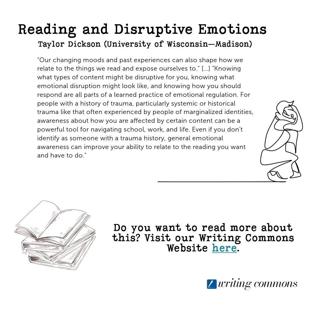 WritingCommons's tweet image. Reading and emotion are strongly connected, which we cannot separate. Do you want to read more about Taylor Dickson's article about "Reading and Disruptive Emotions"? Here's the link. writingcommons.org/section/mindse…
