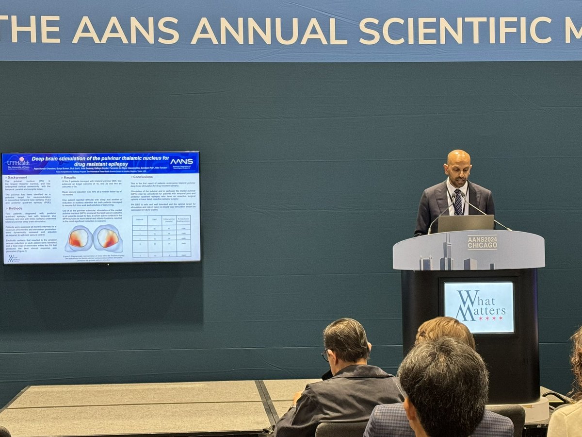 ArjunChandran89's tweet image. A genuine pleasure to have spent a few days in Chicago presenting our experience of pulvinar DBS for epilepsy at #AANS2024 with @DrNTandon on behalf of @UTHNeuro @NeurosurgUTH @TandonLab and seeing some excellent research pushing the field forward
#Neurosurgery  #WhatMatters