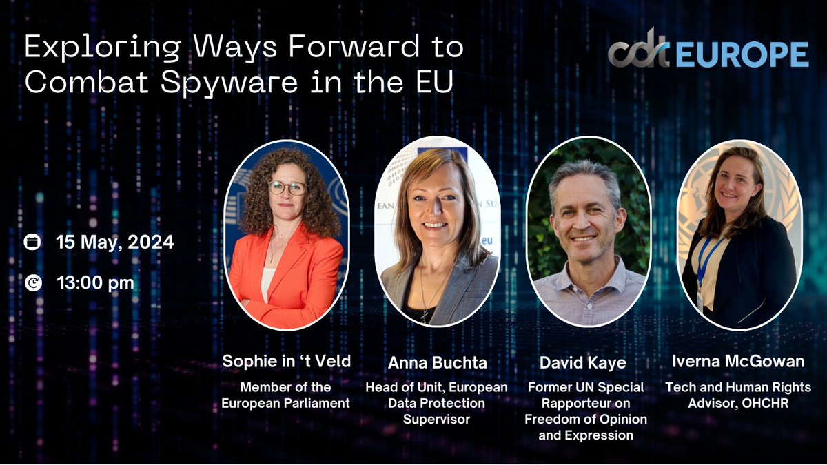 Centre for Democracy & Technology Europe (@cdteu) on Twitter photo 📢 Join us next week on 15 May for an online event addressing the aftermath of the Pegasus spyware scandal & its global impact!
Hear from a stellar line up of key institutional representatives & experts moderated by our own <a href="/AshaOAllen/">Asha Allen</a> 🗣️
Register now 👉 bit.ly/3QCOBXh 📢 Join us next week on 15 May for an online event addressing the aftermath of the Pegasus spyware scandal & its global impact!
Hear from a stellar line up of key institutional representatives & experts moderated by our own <a href="/AshaOAllen/">Asha Allen</a> 🗣️
Register now 👉 bit.ly/3QCOBXh