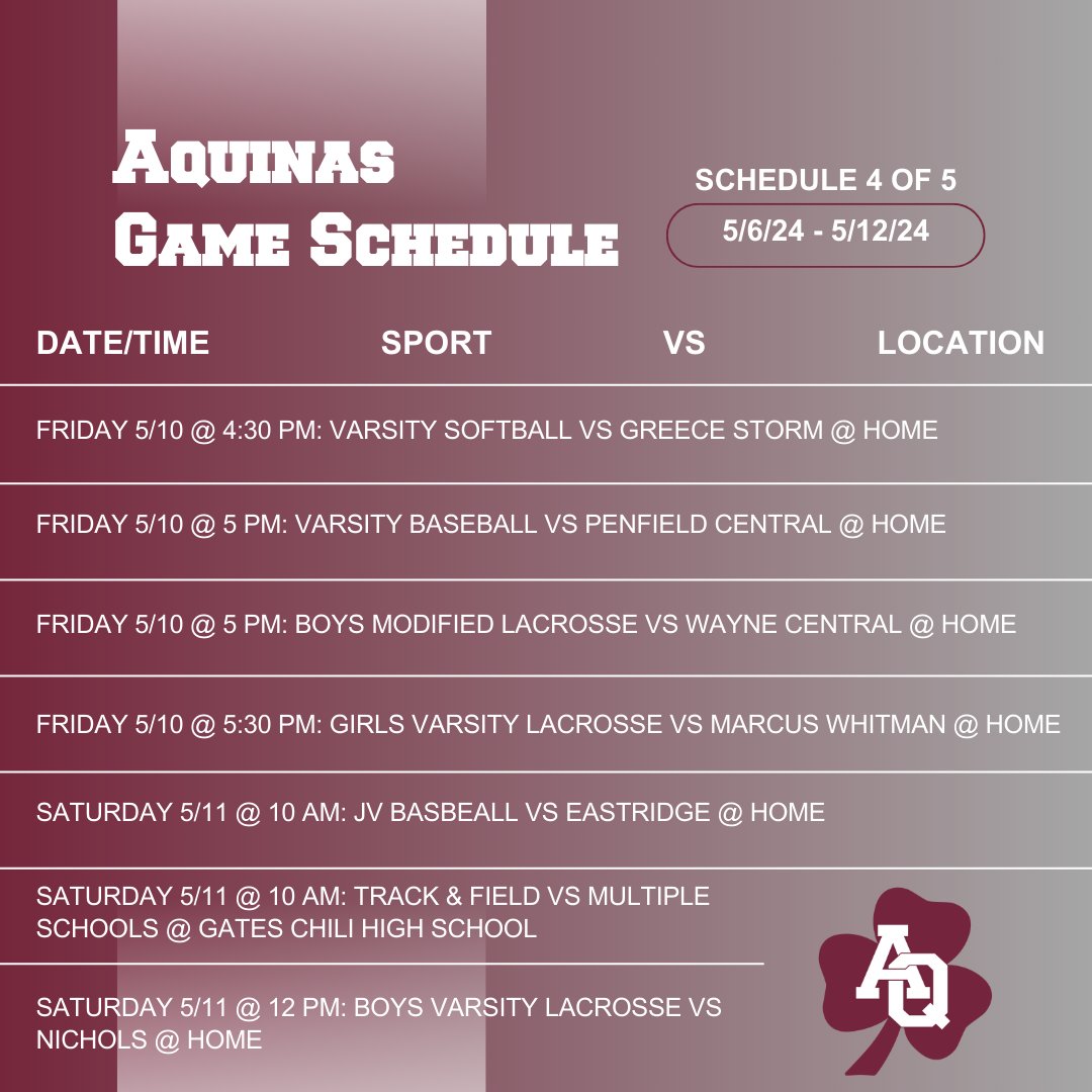 AQ game schedule - come show your support for the Lil' Irish! @PrimetimeBall_ @AQInstitute @AQAlumni @BaseballAq @OfficialAQSB Please note, games are subject to change. For the most up-to-date information, please visit: sectionvny.org/public/genie/7…