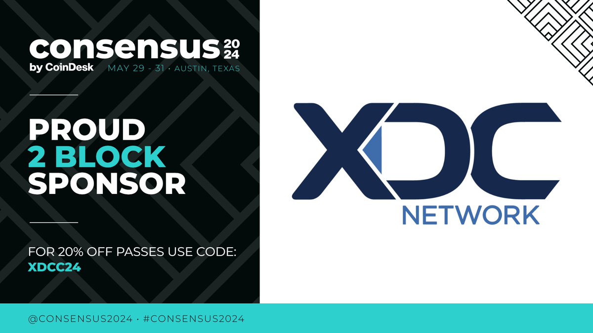 Consensus 2024 is coming up quick! 📢 We'll be there representing the #XDCNetwork! If you're thinking about attending, use our code for 20% off your pass! 💪🔥 Code: XDCC24 🗓️ May 29th - 31st, 2024 📍 Booth 1248 #XDCatConsensus @consensus2024