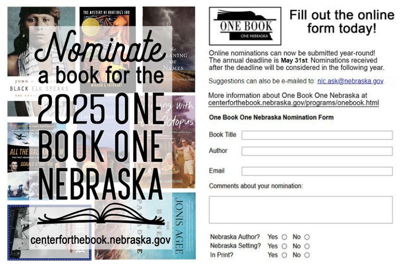 There's less than a month remaining to nominate a book for the 2025 #OneBookOneNebraska! The deadline for submissions is May 31st. Submit your nomination ➡️ buff.ly/3WobRfh Read more about One Book One Nebraska ➡️ buff.ly/3WjlvzH