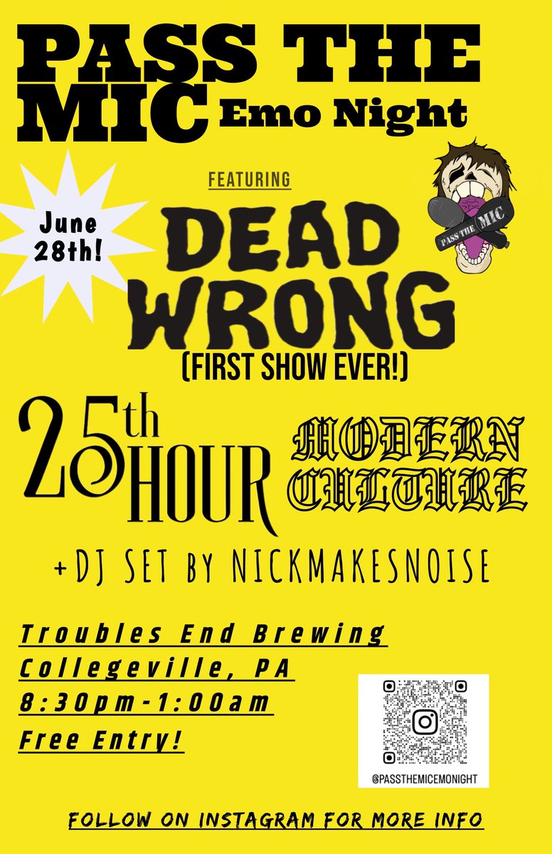 We’re stoked to announce our first show will be June 28th in Collegeville, PA! Come rock out with us then sing your heart out to all your favorite emo songs during an emo night DJ set. This one’s free entry, so bring all the homies.
