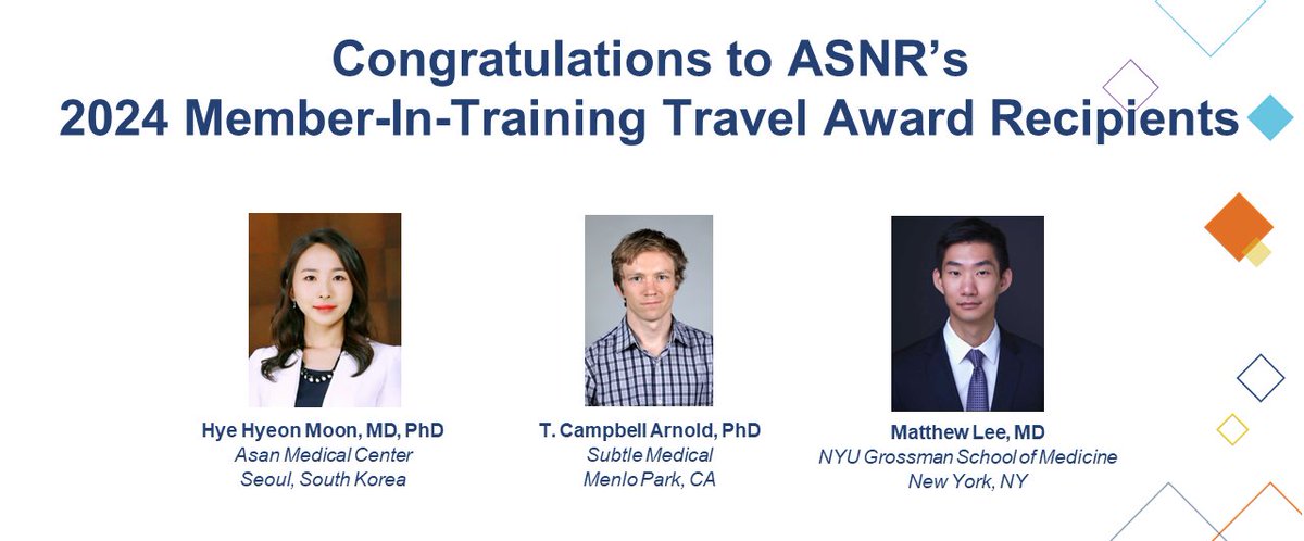 Congrats to our #ASNR24 Member-In-Training Travel Award recipients! 10 travel awards were given to top-ranked abstract authors, & awards included waived registration to ASNR24 & $1,000. View all winners here: ow.ly/WUIa50RvQOV #Neurorad #MedEd #RadRes