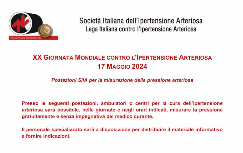 È disponibile l’elenco, in continuo aggiornamento, delle postazioni SIIA per la misurazione della pressione arteriosa in occasione della XX Giornata Mondiale.
siia.it/giornata-mondi…