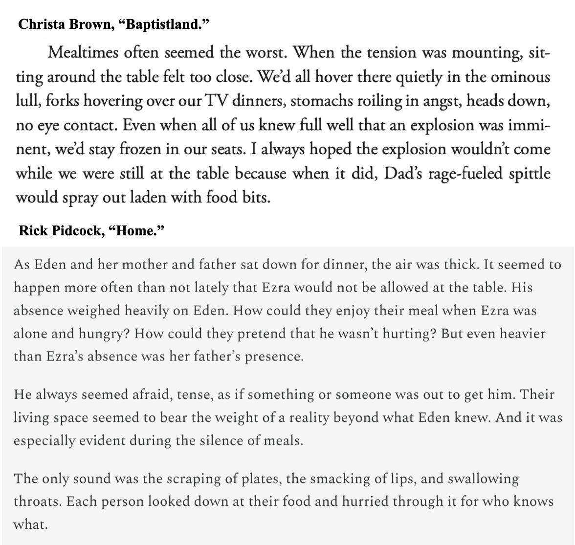 I'm reading through @ChristaBrown777's 'Baptistland,' and thought it was really interesting how she pointed out the experience of mealtimes. It reminded me of a short story I wrote called 'Home' that described a similar experience. Mealtimes must be a common wound.