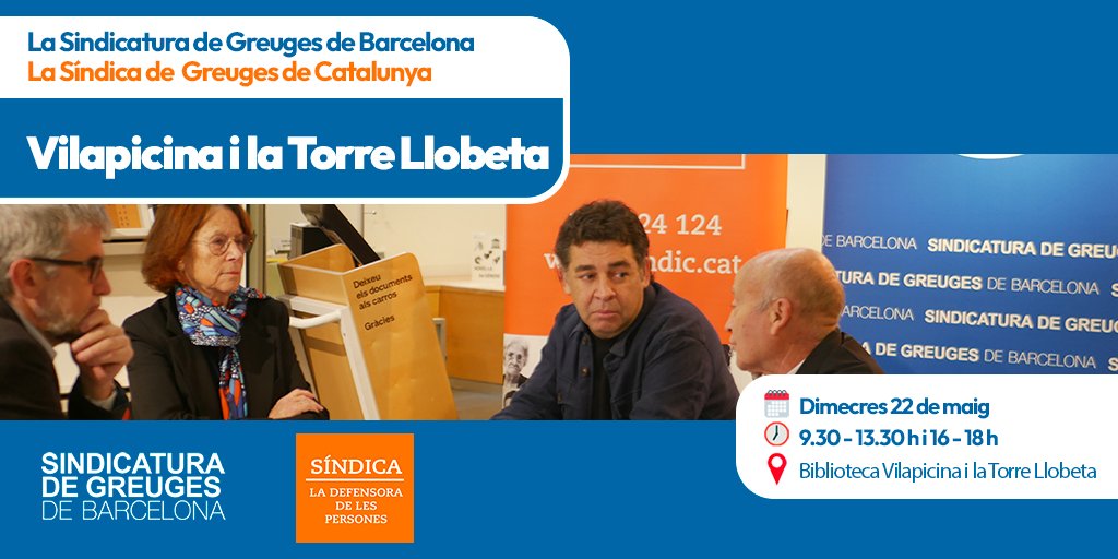 🔜 La @sindicaturabcn i la @sindicdegreuges col·laboren per atendre presencialment la ciutadania barcelonina. 📆 Dimecres 22 de maig 🕕 9.30 - 13.30 h i 16 - 18 h 🏢 Biblioteca Vilapicina i la Torre Llobeta