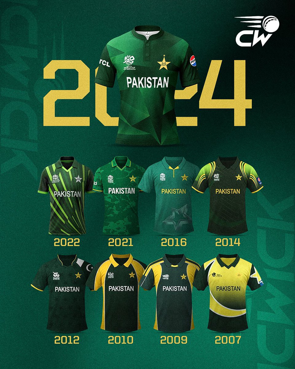 Pakistan kits throughout every T20 worldcup !!! Which one you like the most? 😍🔥 #T20WorldCup2024