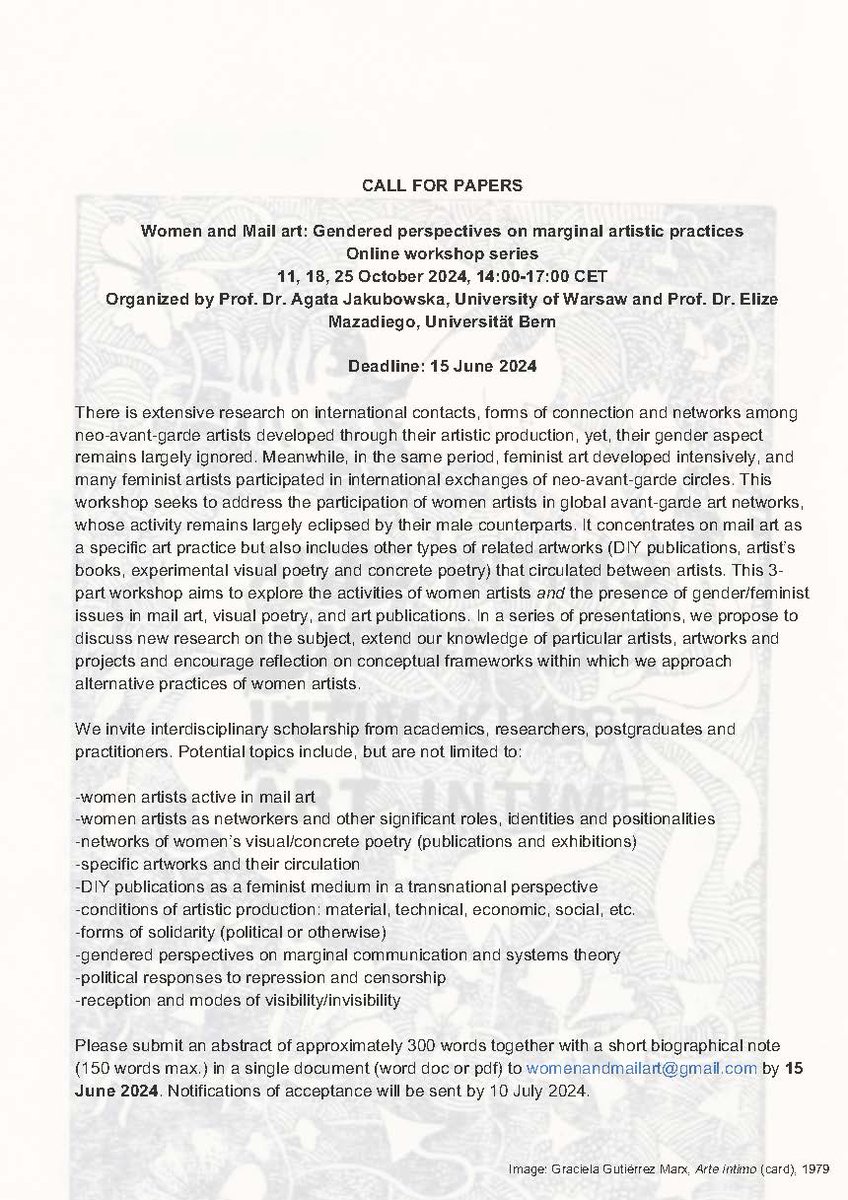 CFP: Women a. Mail art: Gendered perspectives on marginal artistic practices; workshop, 11, 18, 25 Oct. 2024 / Organized by Prof. Dr. Jakubowska, University of Warsaw a. Prof. Dr. Mazadiego, Universität Bern Abstracts to womenandmailart@gmail.com by 15 June 2024