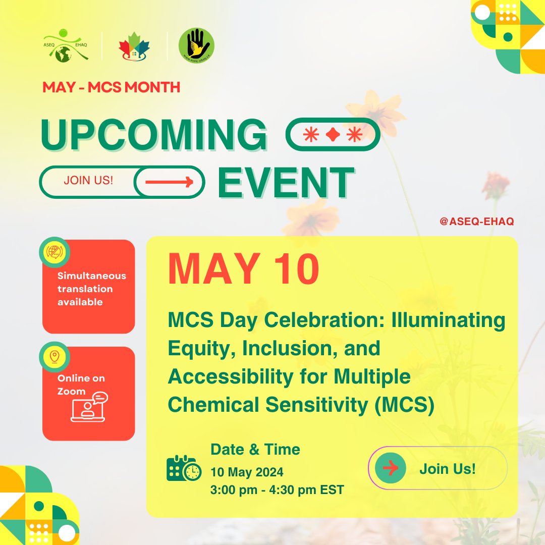 May 10, 2024 Join us: MCS Day Celebration: Illuminating Equity, Inclusion, and Accessibility for Multiple Chemical Sensitivity. 

Secure Your Spot: us02web.zoom.us/meeting/regist…

#MCSDay  #SpeakUpforMCS  #MCSAwarenessMonth  #EquityInclusion #MCSAwareness #HealthEquity #OnlineEvent