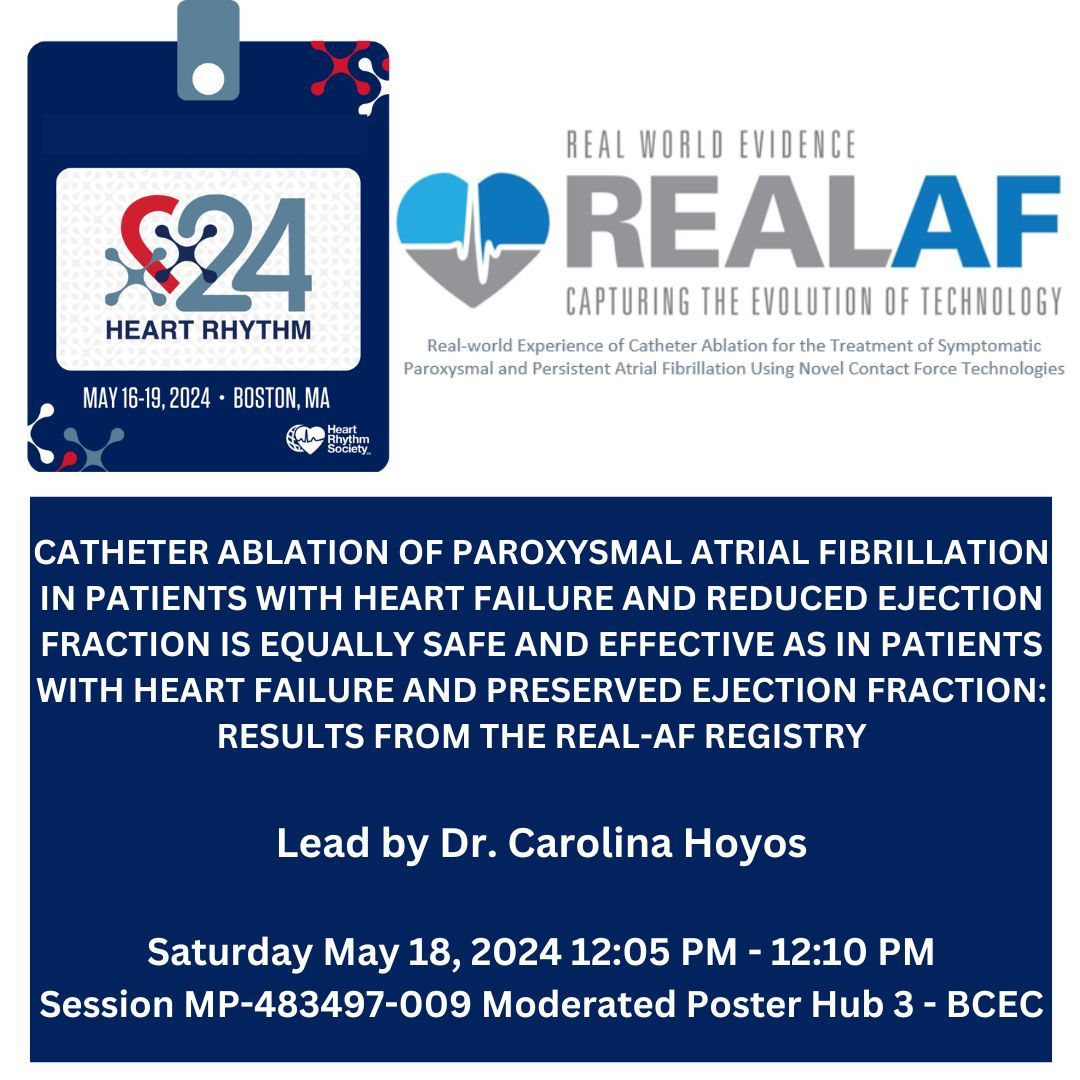 Heart Rhythm Clinical Research Solutions (@hrcrs_ep) on Twitter photo More great #REALAF science to check out next week at #HRS204-- Dr. Carolina Hoyos (@CarolinaH_Ochoa) will present a moderated poster on outcomes in patients with heart failure and reduced EF undergoing PAF ablation. <a href="/JorgeERomeroMD/">Jorge E. Romero, MD, FACC, FHRS</a> <a href="/josoriomd/">Jose Osorio</a> @biosensewebster <a href="/paulzei/">Paul Zei</a> More great #REALAF science to check out next week at #HRS204-- Dr. Carolina Hoyos (@CarolinaH_Ochoa) will present a moderated poster on outcomes in patients with heart failure and reduced EF undergoing PAF ablation. <a href="/JorgeERomeroMD/">Jorge E. Romero, MD, FACC, FHRS</a> <a href="/josoriomd/">Jose Osorio</a> @biosensewebster <a href="/paulzei/">Paul Zei</a>