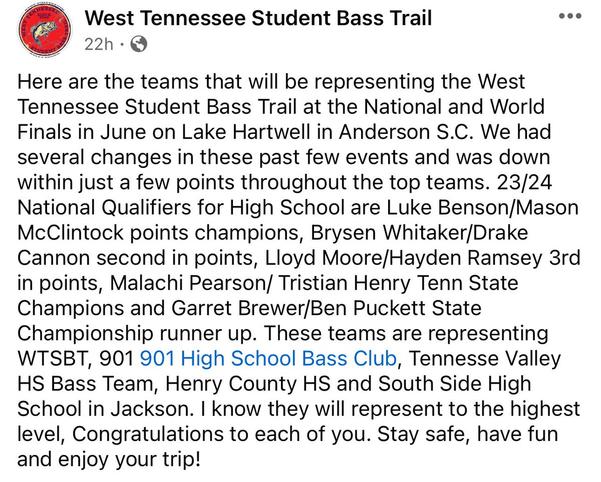 Congratulations to Luke Benson & Mason McClintock for being points champions and qualifying for the National and World Bass Trail Finals! They’ll represent us and compete in South Carolina in June! #HawkNation
