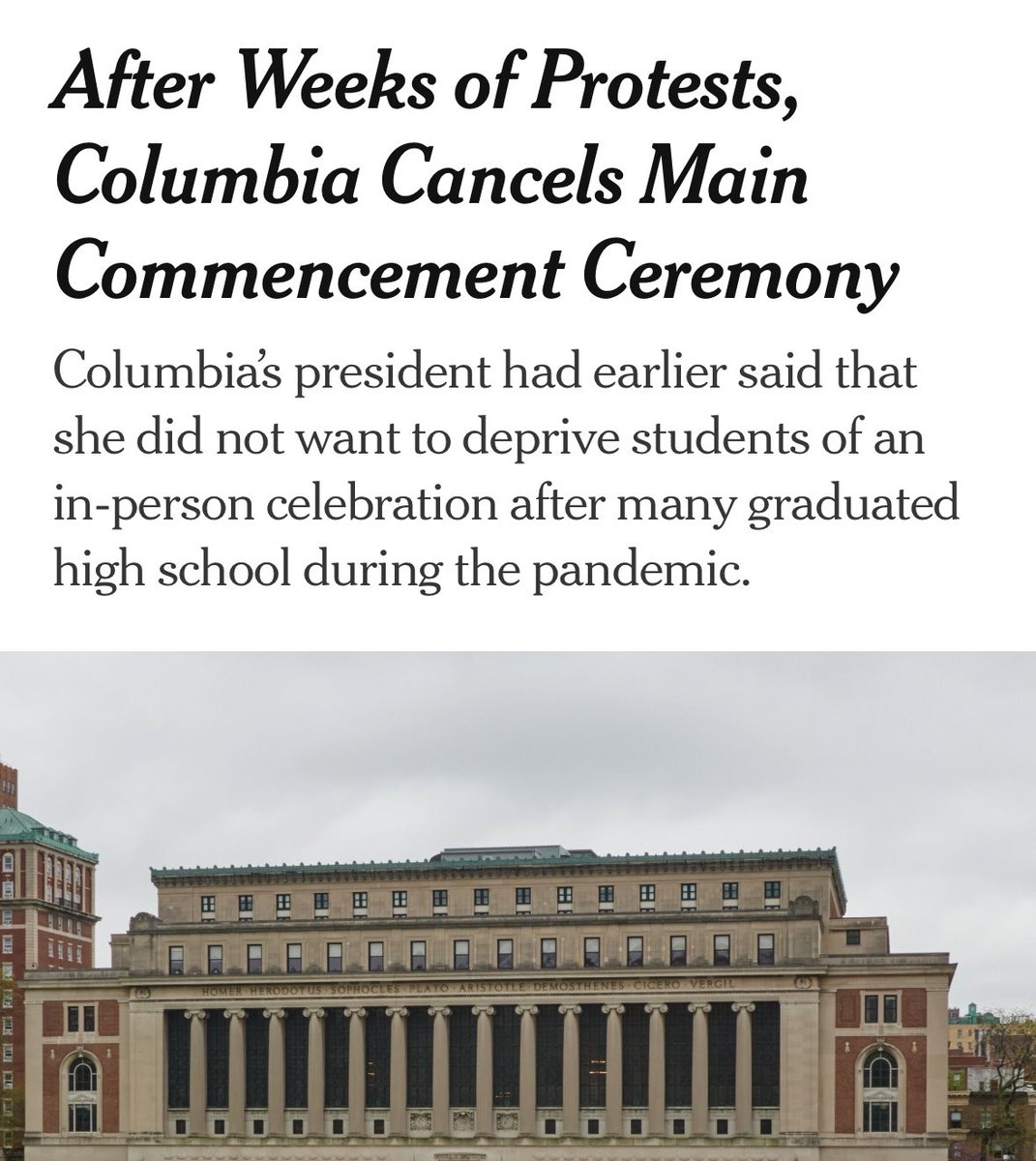 BREAKING: After using riot police to invade campus and arrest 200 of its own students protesting Israel's mass killings in Gaza, ⁦@Columbia⁩ University just canceled its main graduation ceremony anyway. Big mistake and a stunning sign of institutional failure.⤵️
