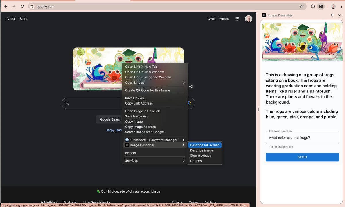 🚀 Image Describer supports free form questions now! I added support to ask followup questions for described images, and it feels good!

ICYMI, Image Describer is a Chrome extension that uses AI to describe images for blind people. Check it out!

chromewebstore.google.com/detail/image-d…