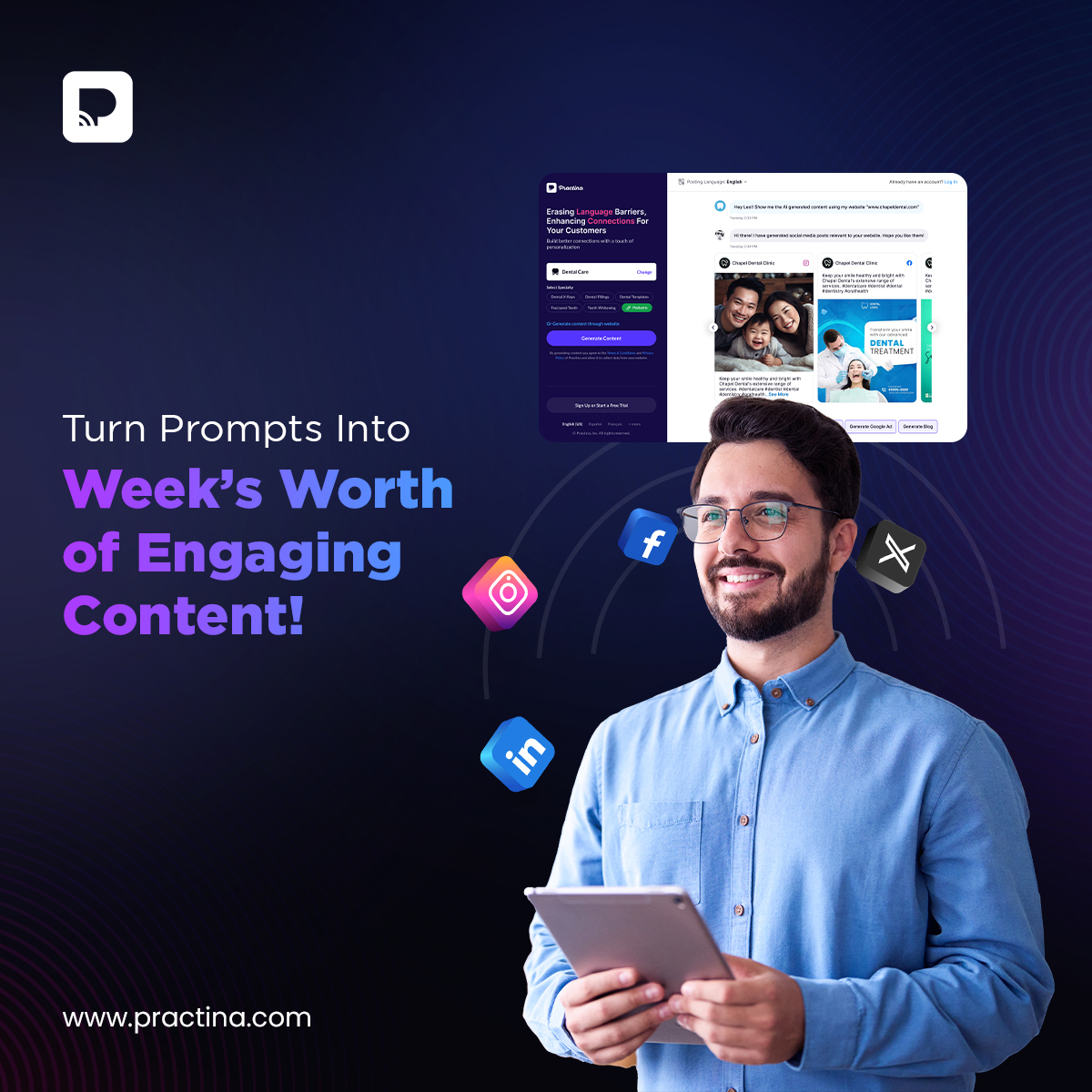 With Practina, all it takes is a few prompts to generate a week's worth of content. Yes, and Practina even gives you prompt suggestions based on your industry. So, if you're tired of telling Lexi what to do - we have a wide range of prompts that align with your industry needs!