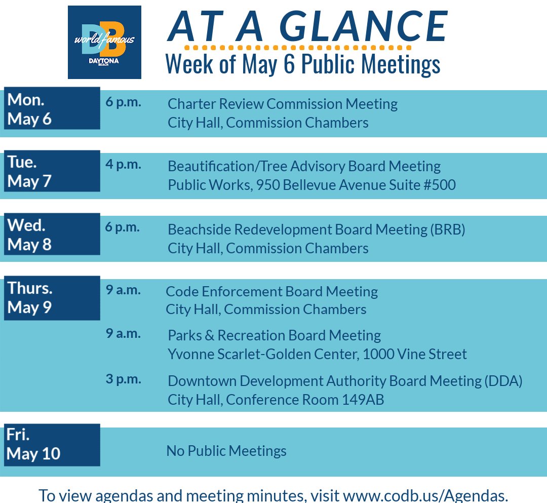 Here are the public meetings happening this week in the City of Daytona Beach. For meeting agendas, visit CODB.us/Agendas. #CityDaytonaBeach #DaytonaBeach #DBAccelerate