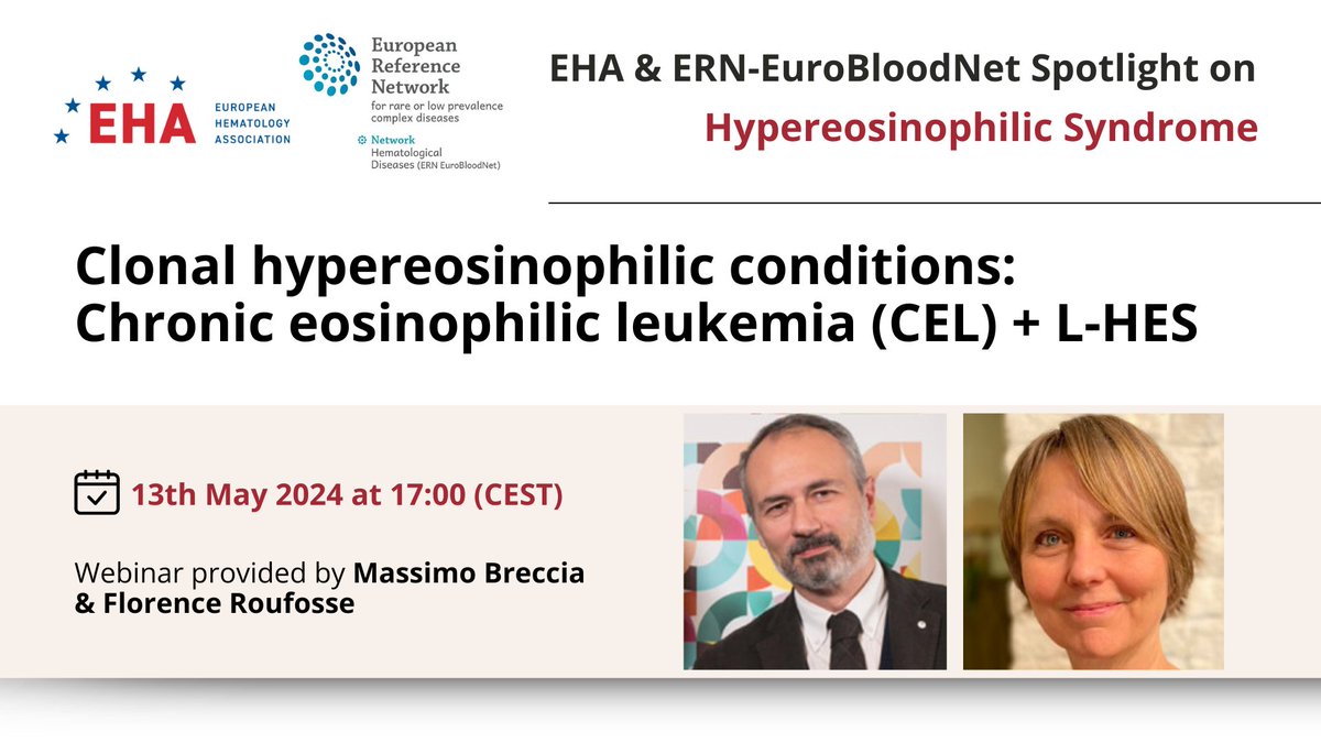🚀​Register now! Learn more about #HypereosinophilicSyndrome through an accredited European online educational program, designed by @EHA_Hematology and @ERNEuroBloodNet ​​​ ⏳​13th May at 17h Registrations▶️bit.ly/3JNIGKT​​ #ERNeu #ERNs #HealthUnion #EU4Health