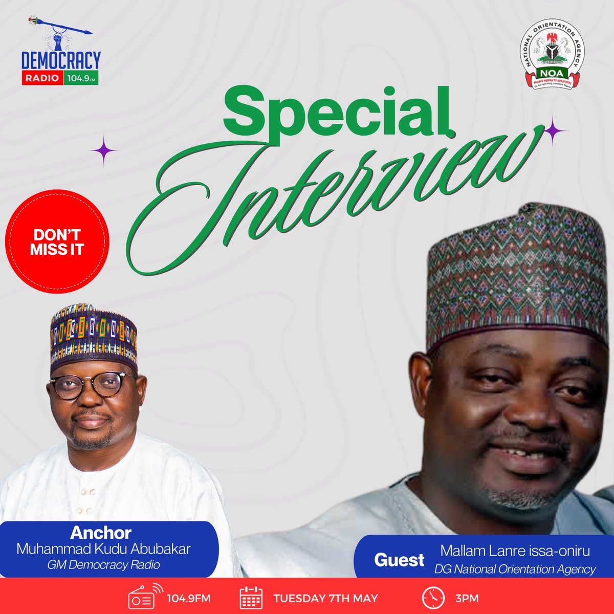 Join us tomorrow for an exclusive interview with the Director General, National Orientation Agency at 3pm on Democracy radio 104.9.

Don’t miss out on this insightful conversation!

#Democracyradio #Exculsiveinterview  #Nigeria