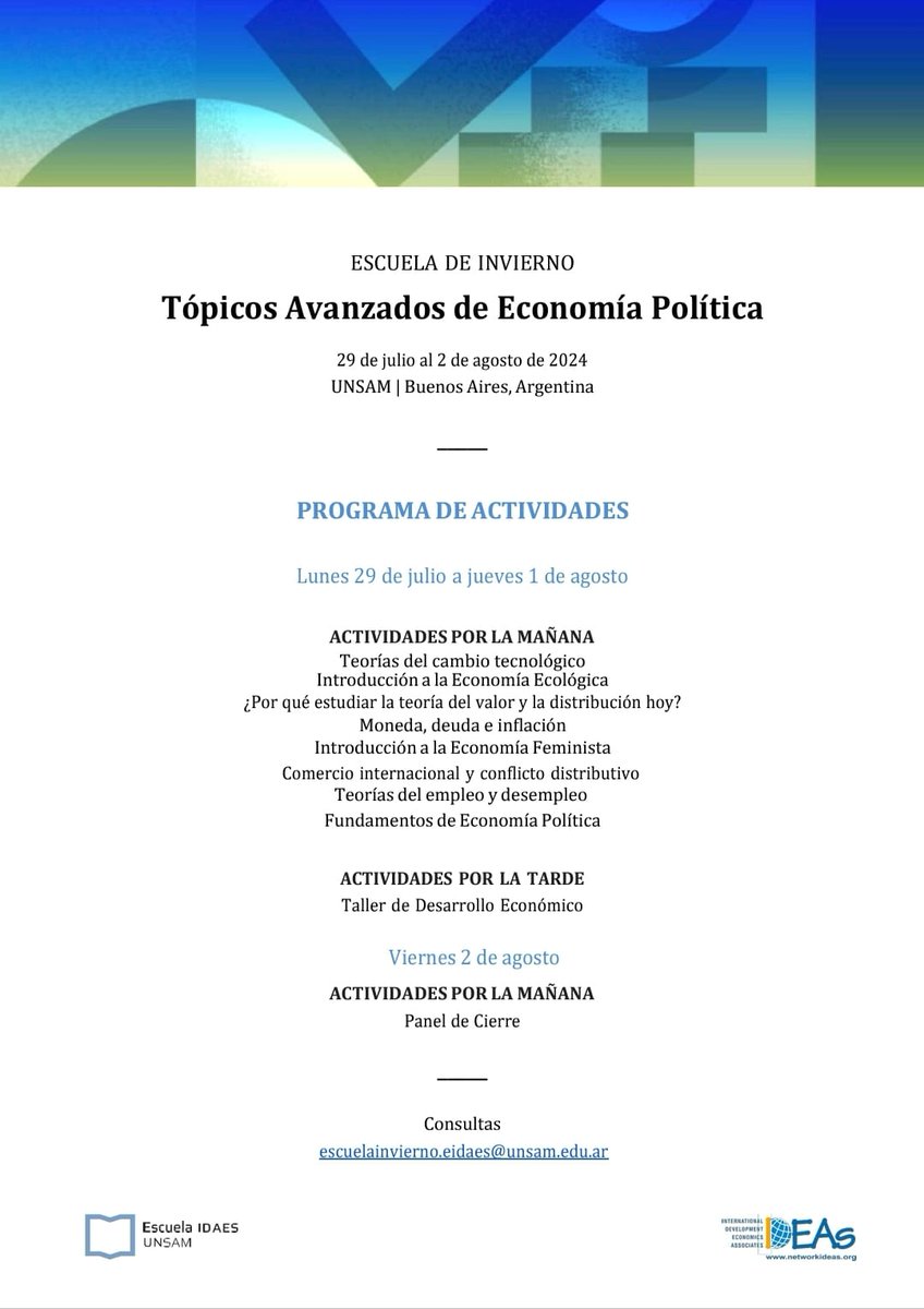 🧐Si querés saber qué contenidos se tratarán en la Escuela de Invierno “Tópicos Avanzados de Economía Política” de @DevEconNetwork  y @idaesoficial, ¡mirá nuestro programa!
⌛️¿Todavía no te inscribiste? Estás a tiempo! Extendimos las inscripciones hasta el 13 de mayo.