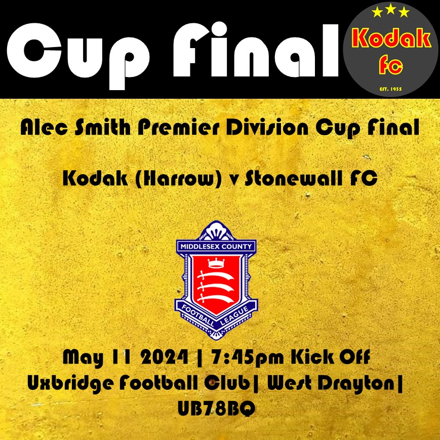 SAVE THE DATE

Alec Smith Premier Division Cup Final 

Kodak FC v Stonewall FC

May 11th 2024
7:45pm
Uxbridge Football Club
West Drayton
UB78BQ