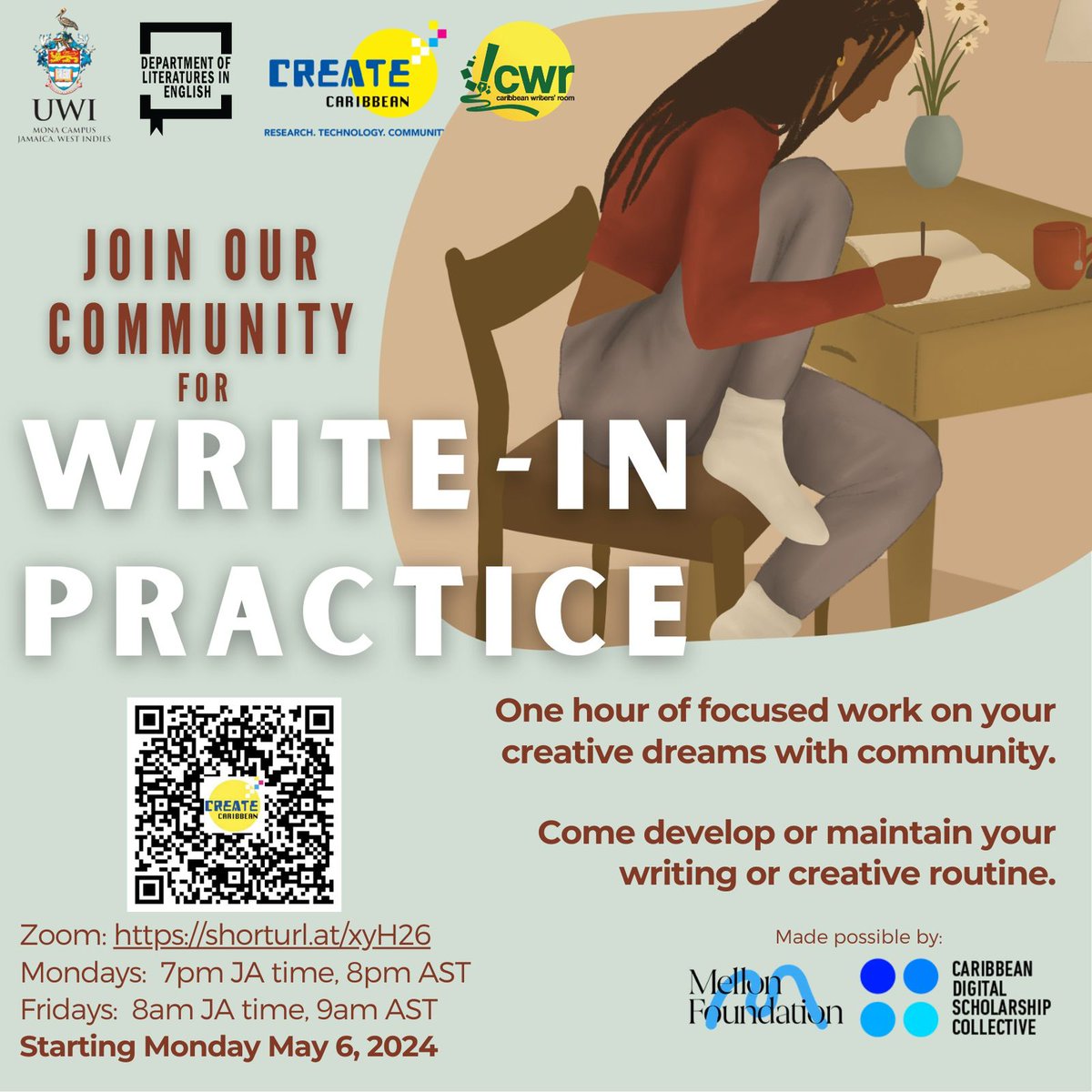 Ready to build a steady #writing habit? 
Join us as we build community and get into a routing for Write-In Practice. Use the link or QR code to join our first session tonight! Next meeting is on Friday morning. 
Come write with us at the #CaribbeanWriters’ Room! ✍️

#Caribbean