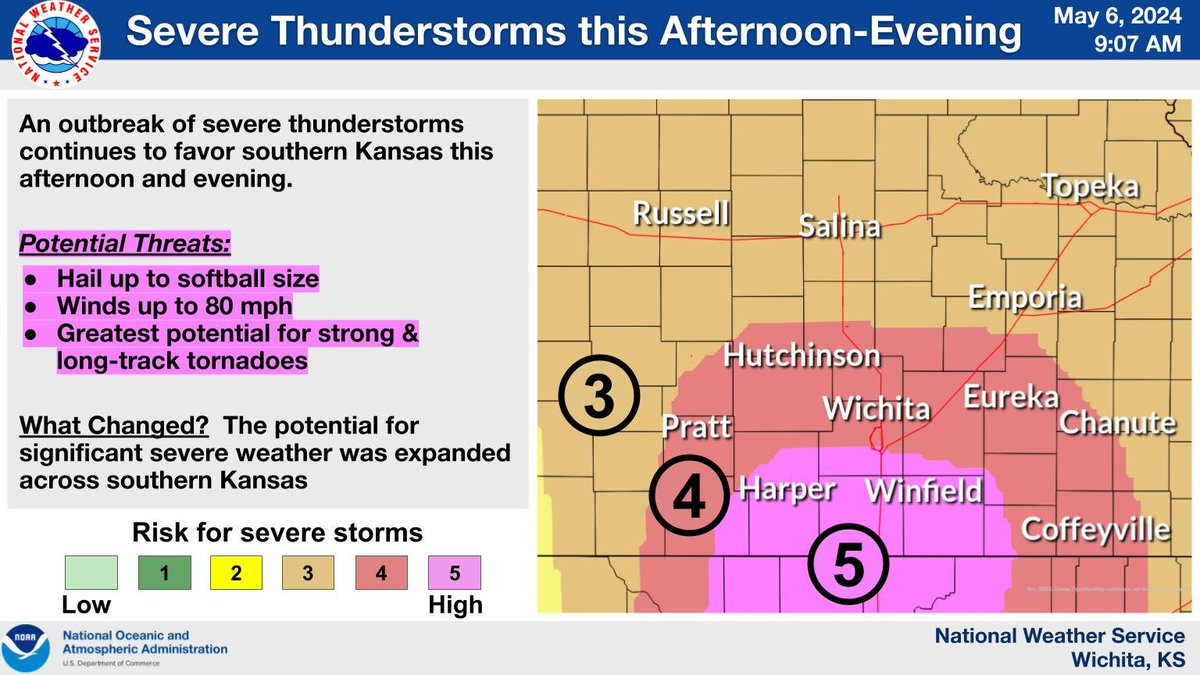 Scattered to numerous thunderstorms will affect the region this afternoon and evening. Some of the storms will be severe, capable of very large hail, damaging winds, and tornadoes. The greatest severe weather threat will be over southern Kansas and Oklahoma. #kswx