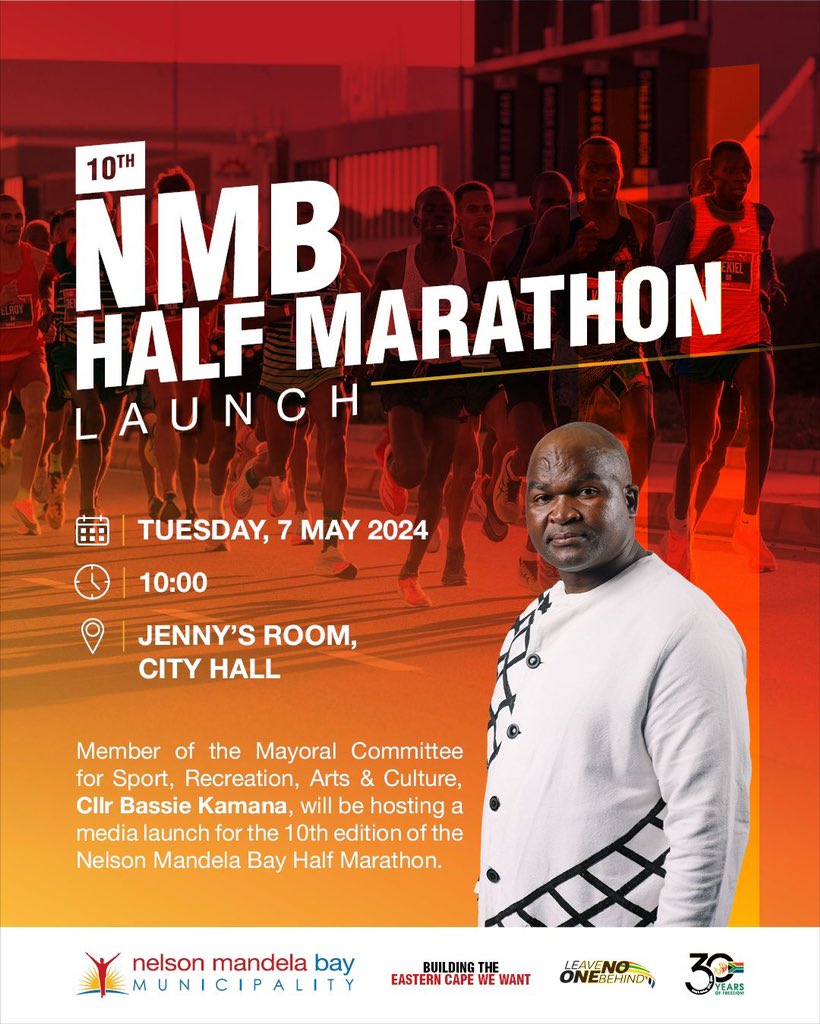 Member of the Mayoral Committee for Sport, Recreation, Arts and Culture, Cllr Bassie Kamana will be hosting a media launch for the 10th edition of the NMB Half Marathon.   

#GqeberhaCityOfAction #BuildingTheEasternCapeWeWant #LeaveNoOneBehind