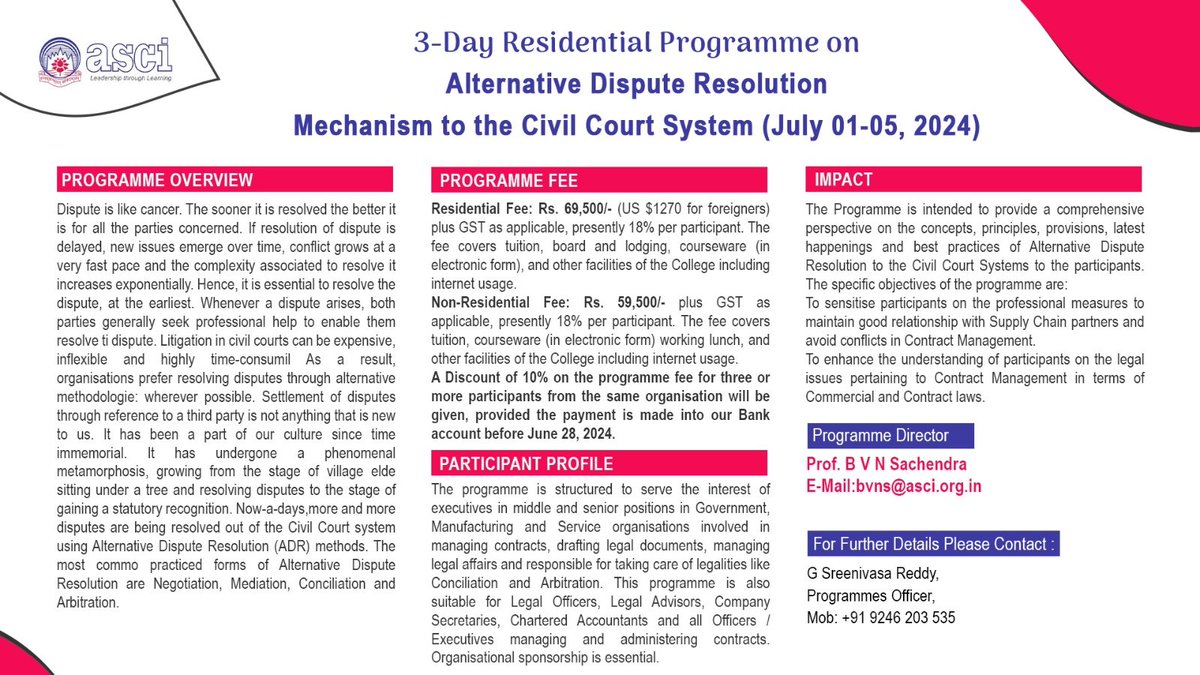 Join us at the Administrative Staff College of India for an insightful program on Alternate Dispute Resolution mechanisms. Discover efficient alternatives to the traditional civil court system, aimed at resolving disputes swiftly and amicably.