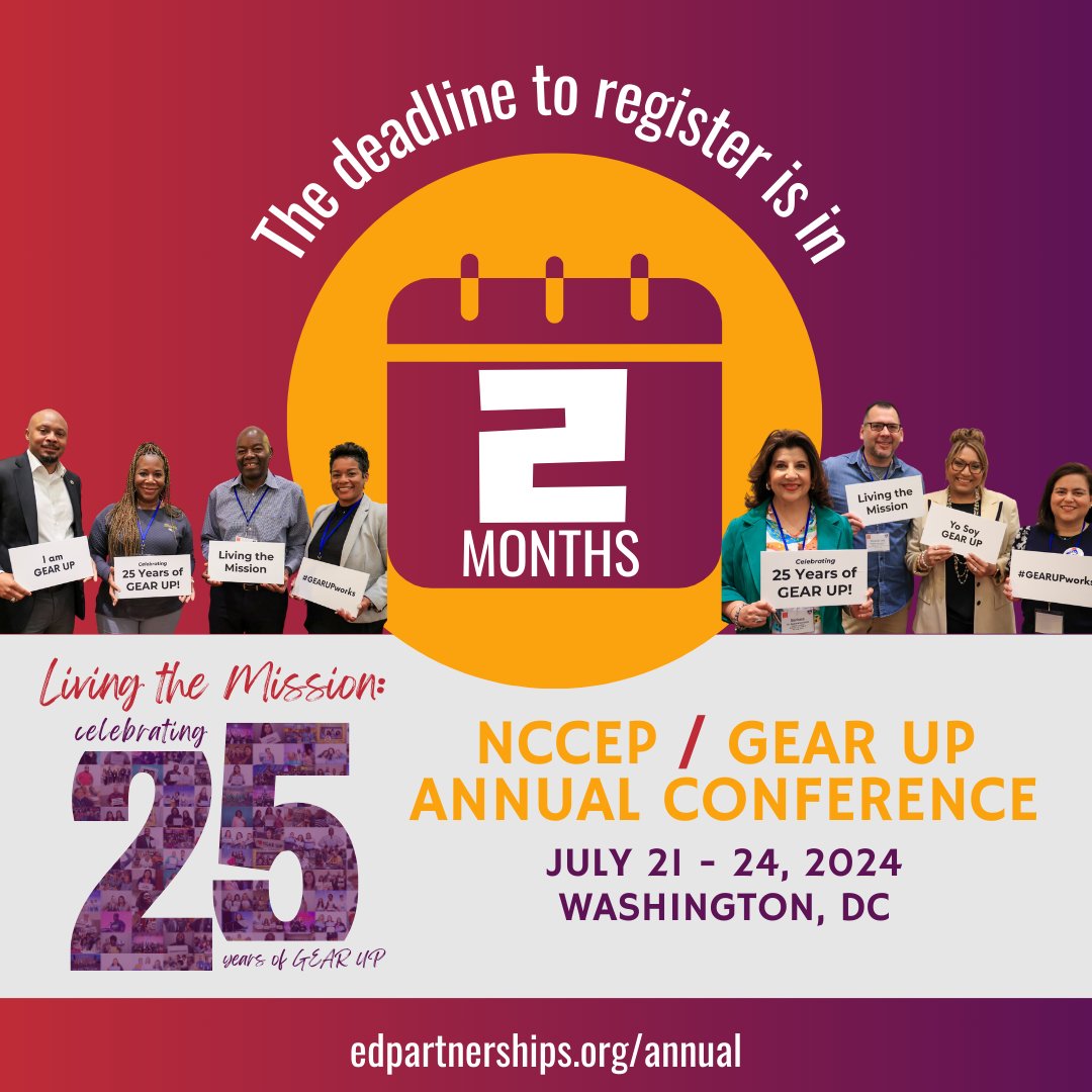Everyone is coming together to celebrate 25 years of living GEAR UP’s mission—inspiring dreams, creating opportunities & shaping the future.

We look forward to sharing the #GEARUPworks milestone with you at the Annual Conference!

Register: edpartnerships.org/annual